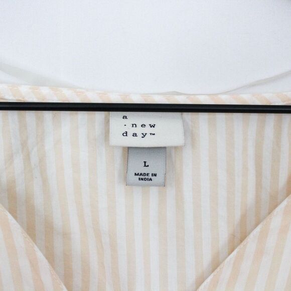 A New Day Women's Peach Striped Long Bishop Sleeve Poplin Top Large - Picture 8 of 11